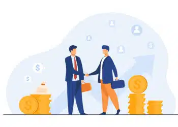 Two business partners handshaking flat vector illustration. Cartoon businessmen concluding agreement for success. Partnership, teamwork and negotiation concept