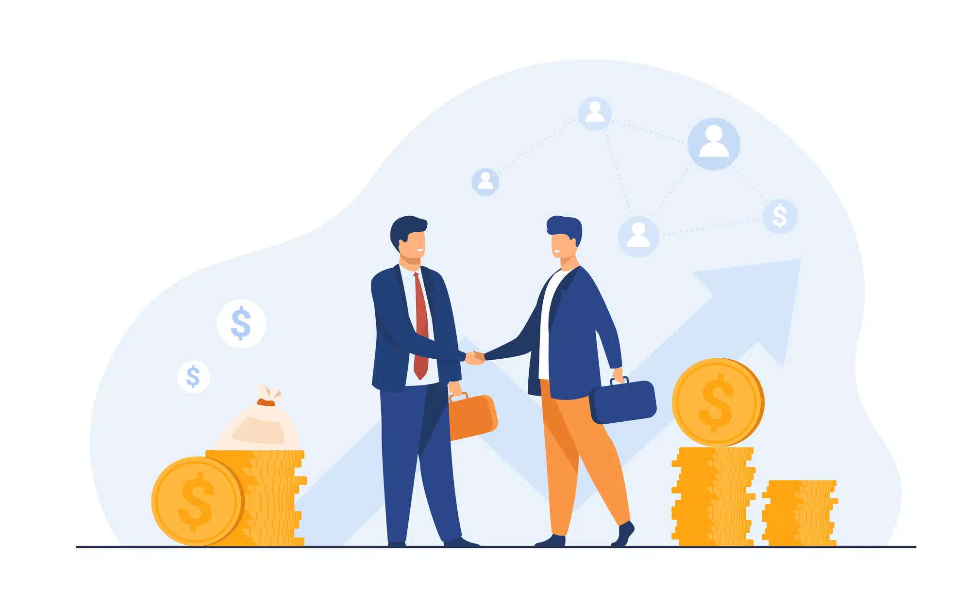 Two business partners handshaking flat vector illustration. Cartoon businessmen concluding agreement for success. Partnership, teamwork and negotiation concept